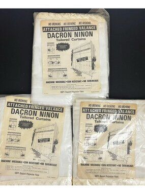 Vintage Dacron Ninon Tailored Curtains Attached Fringed Valance 84x63" 3pc Set